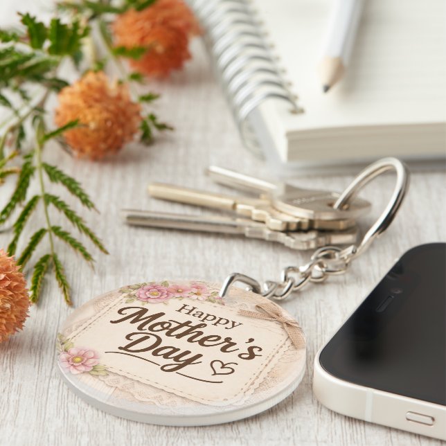 Simple Happy Mother's Day Calligraphy Floral |  Keychain (Front Right)
