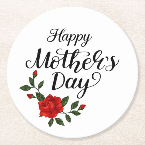 Simple Happy Mother's Day Floral Calligraphy |  Round Paper Coaster