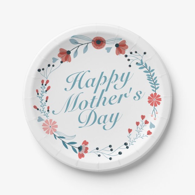 Simple Happy Mother's Day Floral Paper Plate (Front)