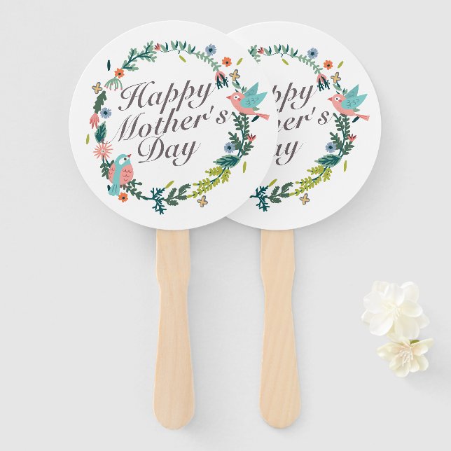 Simple Happy Mother's Day Floral Wreath Hand Fan (Front and Back)