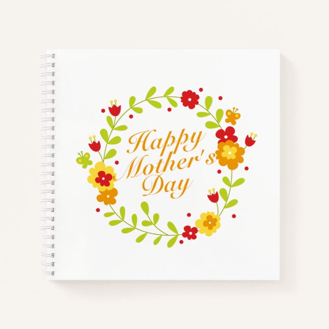 Simple Happy Mother's Day Floral Wreath Notebook (Front)