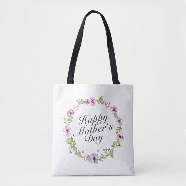 Simple Happy Mother's Day Floral Wreath Tote Bag (Front)