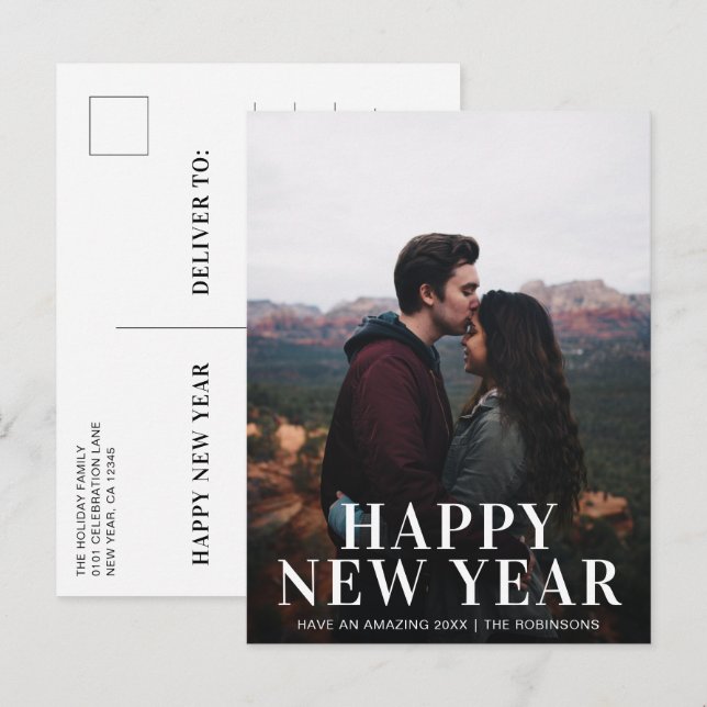 Simple Happy New Year Photo Modern Holiday Postcard (Front/Back)