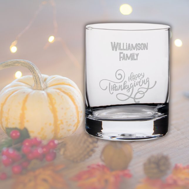 Simple Happy Thanksgiving Family Name etched Rocks Glass (Creator Uploaded)