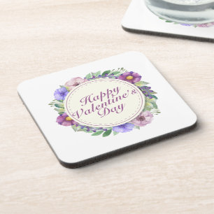 Simple Happy Valentine's Day Floral Frame Coaster