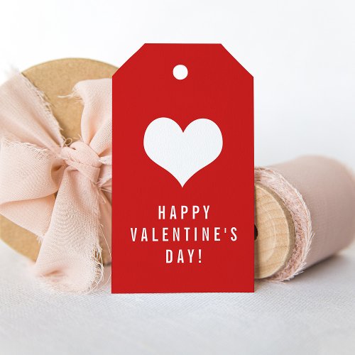 Simple Happy Valentines Day White Heart on Red Gift Tags