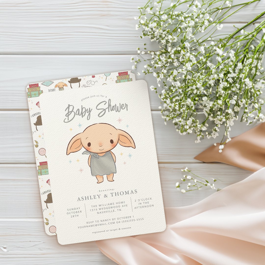 Simple Harry Potter - Dobby Baby Shower Invitation (Card on table)