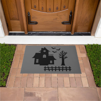 Simple Haunted House Silhouette And Bats Halloween Doormat