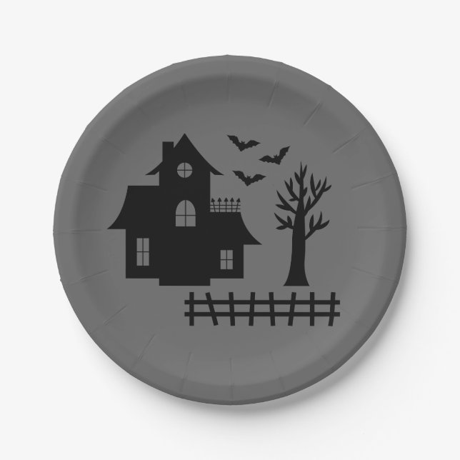 Simple Haunted House Silhouette And Bats Halloween Paper Plates (Front)