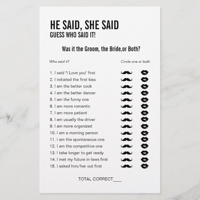 Simple He Said She Said Bridal Shower Game (Front)
