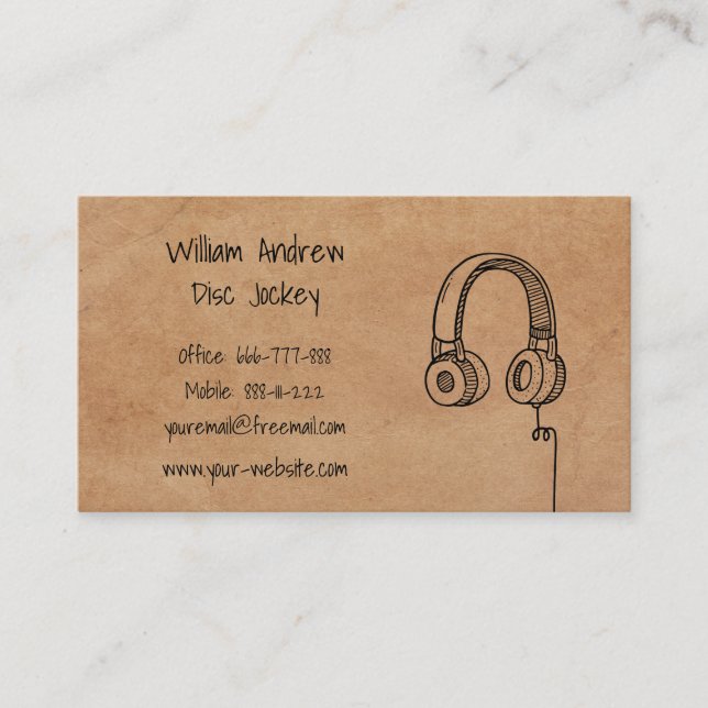 Simple Headphones Doodle DJ Faux Texture Business Card (Front)
