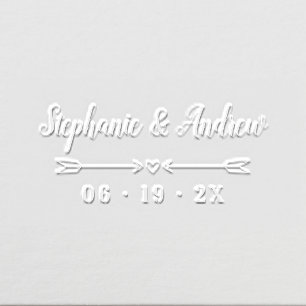 Simple Heart & Arrows Names Script Wedding Date Embosser