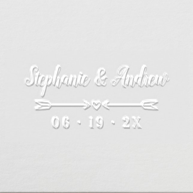 Simple Heart & Arrows Names Script Wedding Date Embosser (Design)