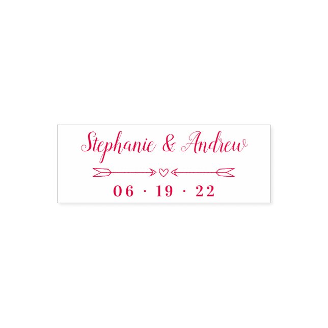 Simple Heart & Arrows Names Script Wedding Date Self-inking Stamp (Design)