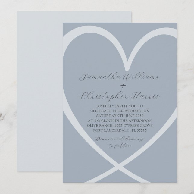 Simple Heart Dusty Blue Wedding Invitation (Front/Back)