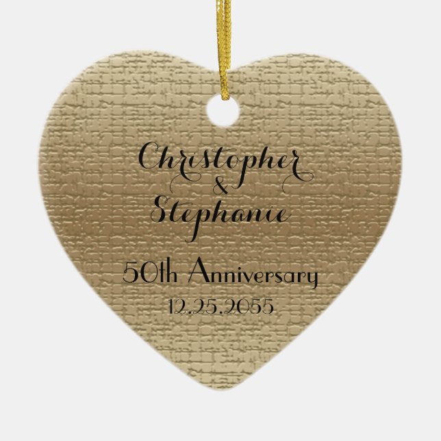 Simple Heart Golden 50th Anniversary, Names,  Ceramic Ornament (Front)