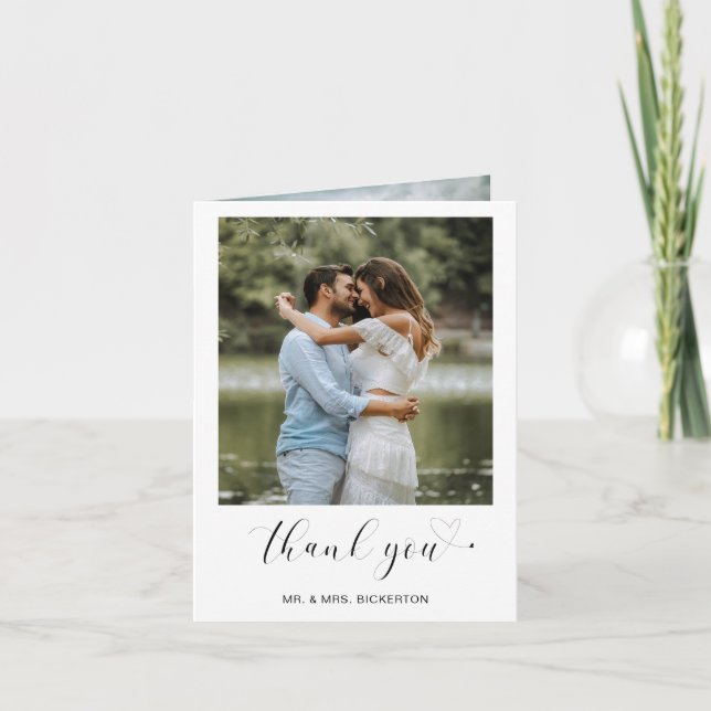 Simple Heart Minimalist Script Wedding Photo Letterpress Thank You Card (Front)
