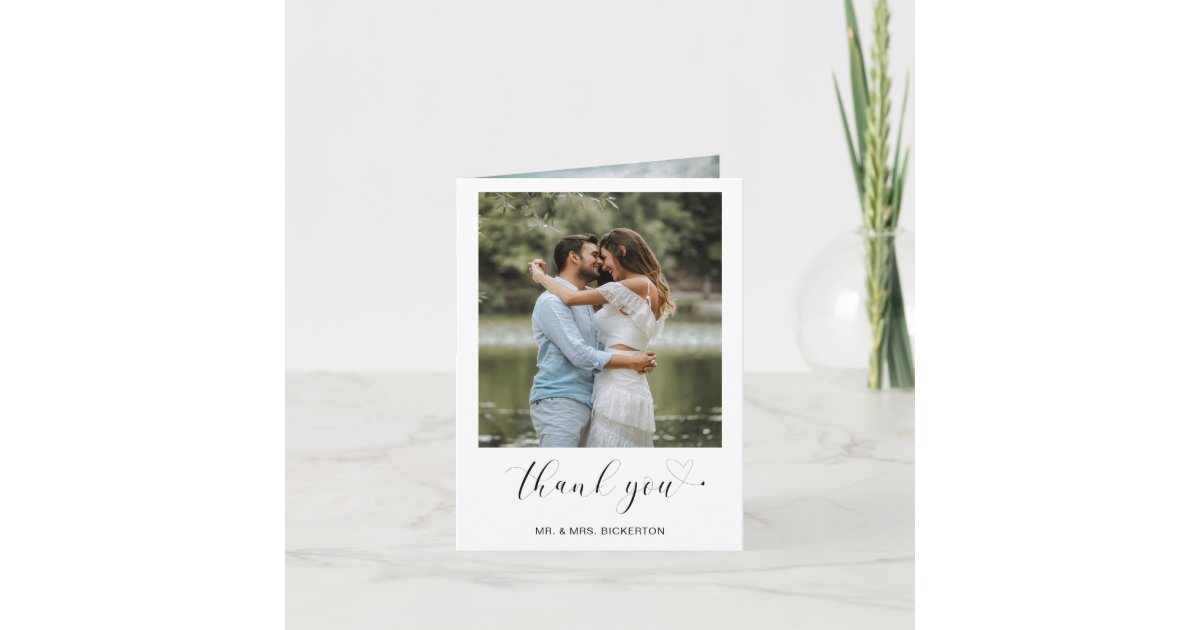 Simple Heart Minimalist Script Wedding Photo Thank You Card | Zazzle