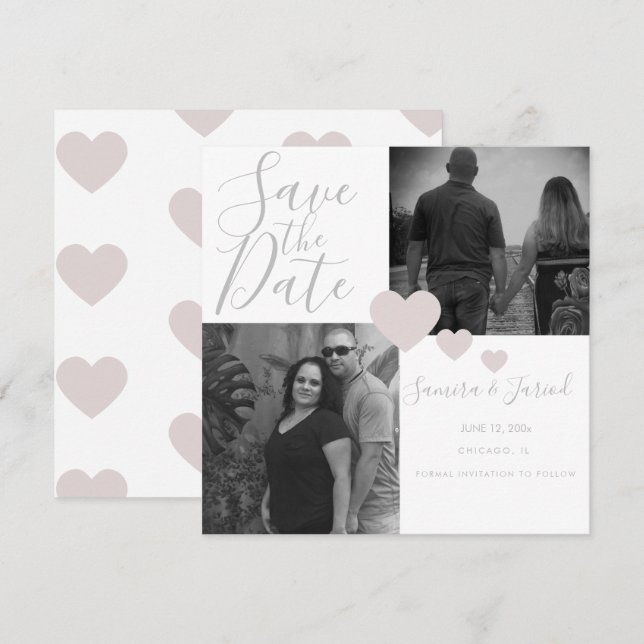 Simple Heart Pink Gray Photo Collage Card (Front/Back)