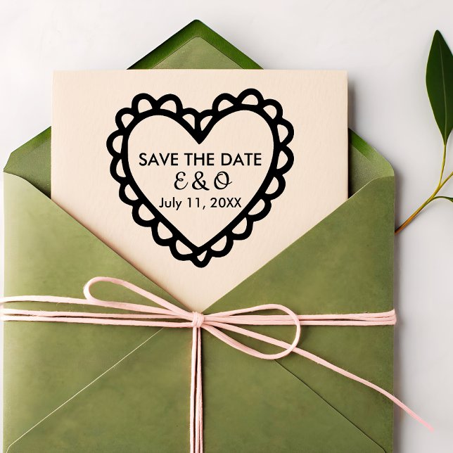 Simple Heart Save the Date Wedding Rubber Stamp (initials monogram heart )