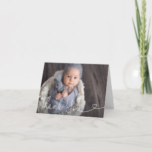 Simple Heart script Baby Boy shower Letterpress Thank You Card