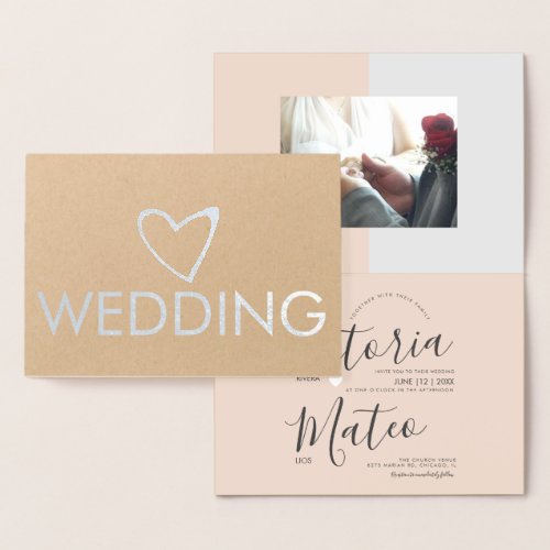 Simple Heart Script Typography Pink Gray Wedding Foil Card