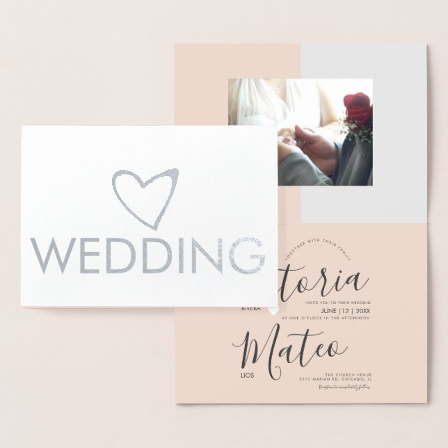 Simple Heart Script Typography Pink Gray Wedding Foil Card (Display)