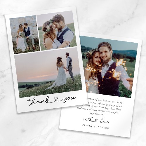 Simple Heart Script Wedding Photo Collage  Thank You Card