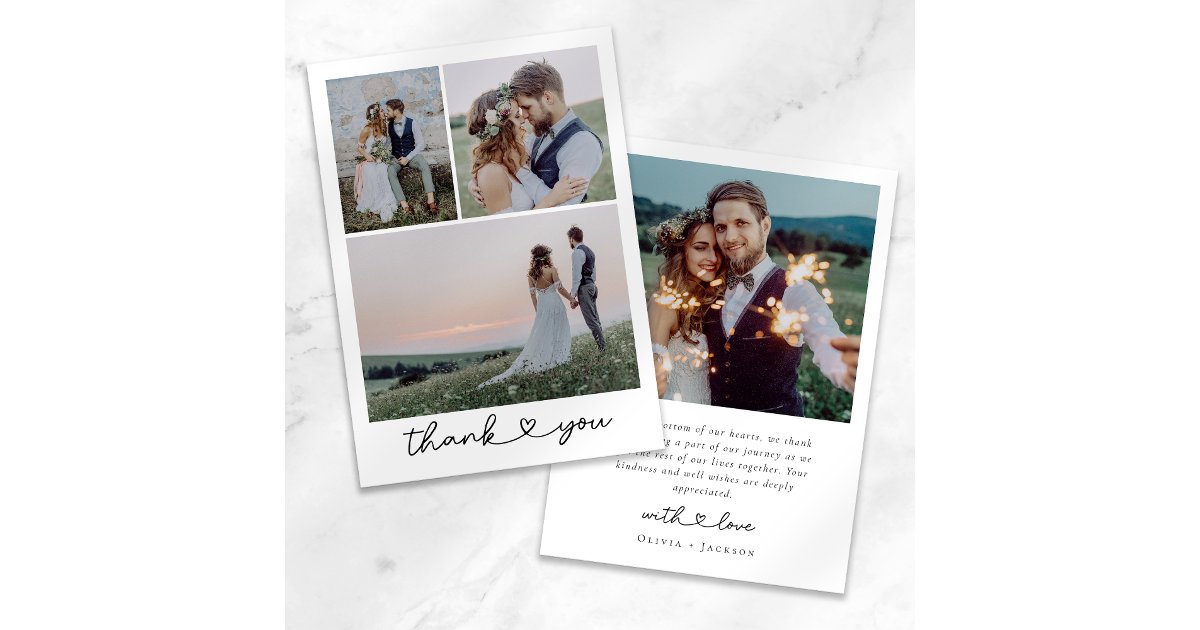 Simple Heart Script Wedding Photo Collage Thank You Card | Zazzle
