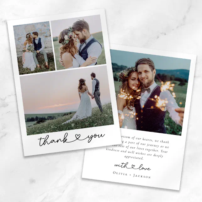 Simple Heart Script Wedding Photo Collage Thank You Card | Zazzle