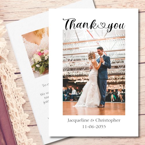 Simple Heart Script Wedding Photo Thank You Card