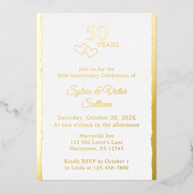 Simple Hearts 50th Wedding Anniversary Party Gold Foil Invitation (Front)