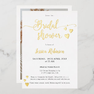 Simple hearts gold script chic bridal shower photo foil invitation