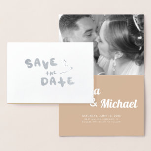 Simple Hearts Hand-Drawn Lettering Save the Date Foil Card