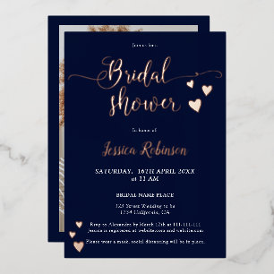 Simple hearts rose gold script bridal shower photo foil invitation
