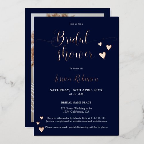 Simple hearts rose gold script bridal shower photo foil invitation