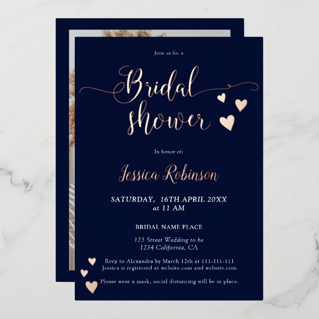 Simple hearts rose gold script bridal shower photo foil invitation (Front/Back)
