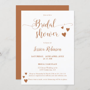 Simple hearts terracotta script chic bridal shower invitation