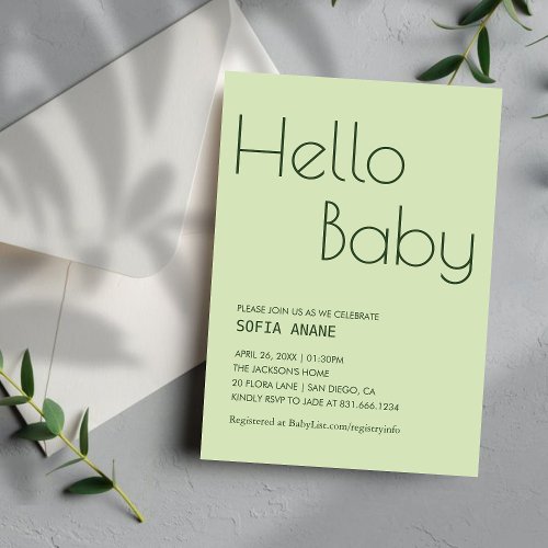 Simple Hello Baby Sage Green Gender Neutral   Invitation