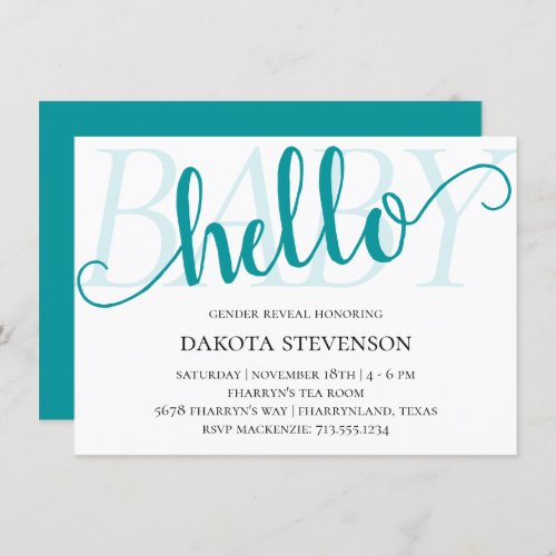 Simple Hello Baby  Teal Blue_Green Script Shower Invitation
