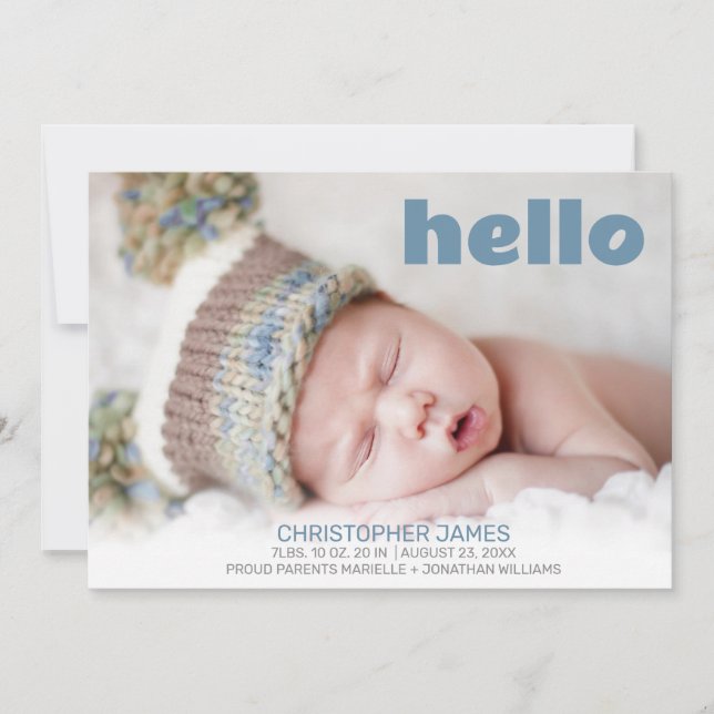 Simple Hello Blue Script Blue Back Baby Boy Photo Announcement (Front)