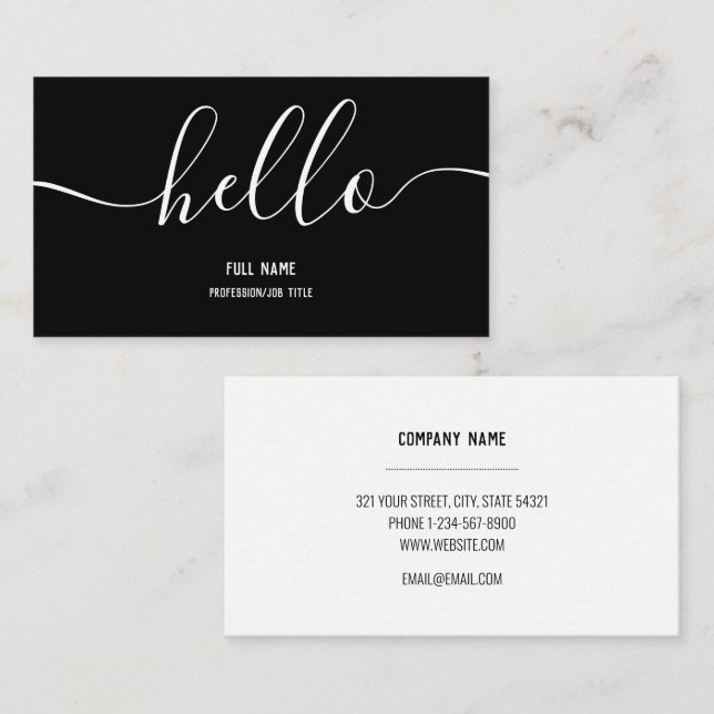 Simple Hello Elegant Minimalist Professional Black Business Card (Front/Back)