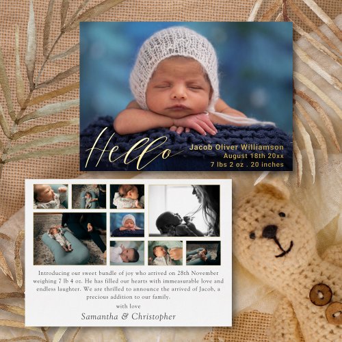 Simple Hello Photo Collage Gold Baby Announcement