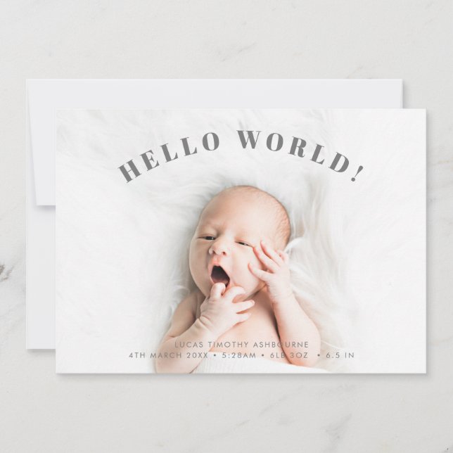 Simple Hello World Photo Polka Birth Announcement (Front)