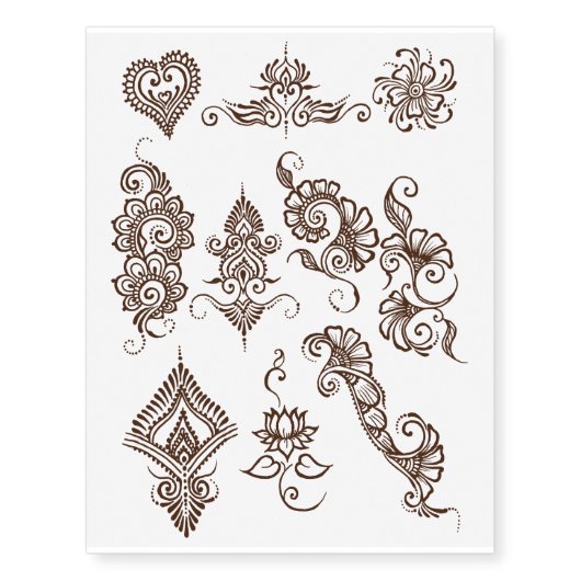 Simple henna design temporary tattoo sheet- Brown (Front)