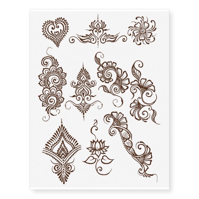 Simple henna design temporary tattoo sheet- Brown (Front)