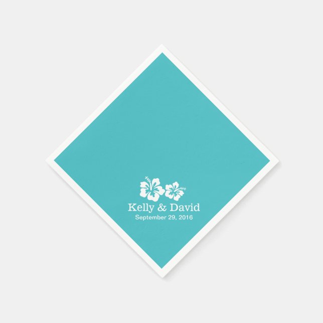 Simple Hibiscus Flowers Turquoise Wedding Napkins (Corner)