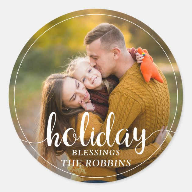 Simple Holiday Blessings White Script Photo Classic Round Sticker