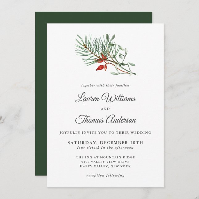 Simple Holiday Botanical Wedding Invitation (Front/Back)