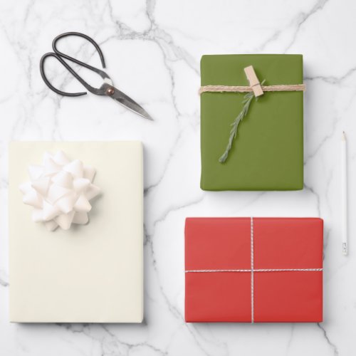 Simple Holiday Ivory Red Green Solid Color Trio Wrapping Paper Sheets